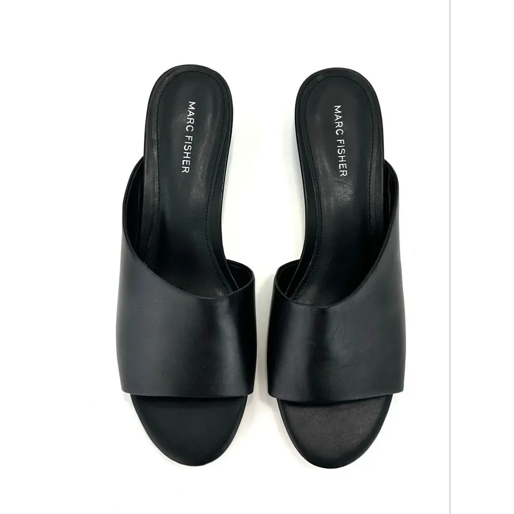 Marc Fisher Oditi Low Block Heel Sandal Size 10 Black Leather Slide Asymmetrical